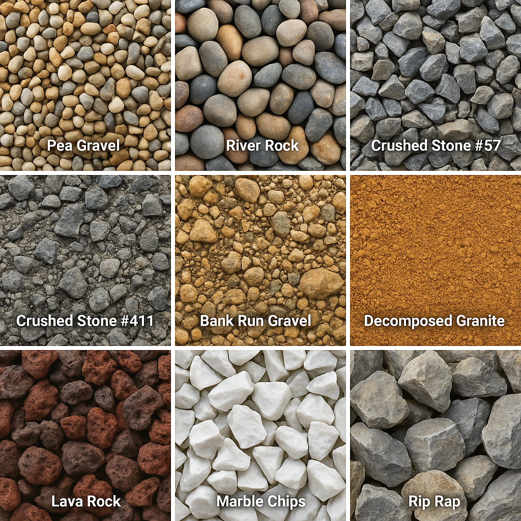 Different types of gravel, pea gravel, river rock, crushed stone #57, crushed stone #411, bank run gravel, decomposed granite, lava rock, marble chips and riprap.